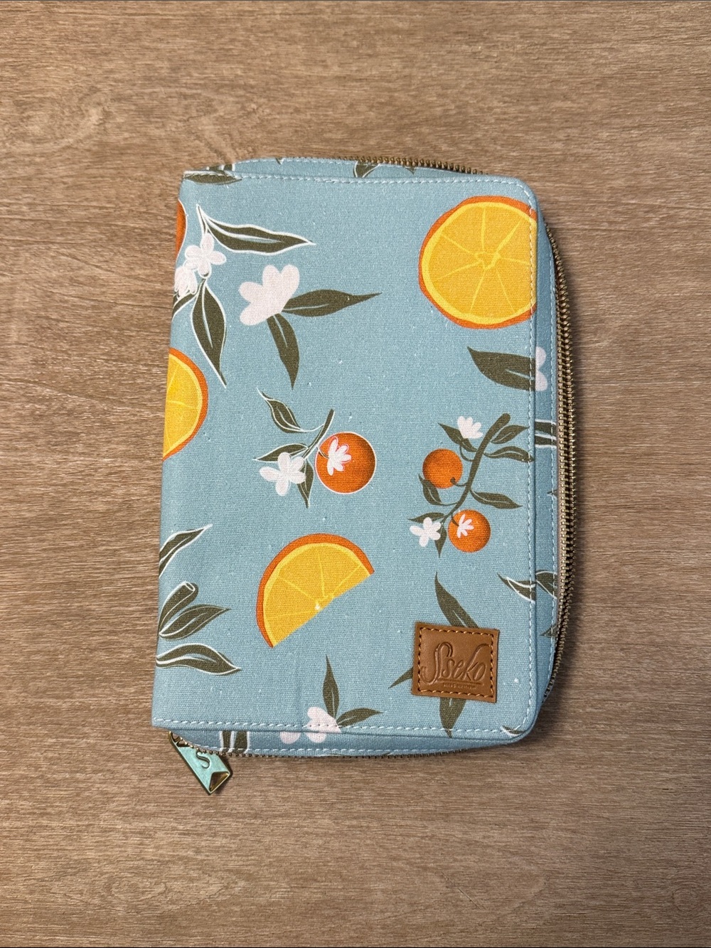 Seeko Zip Jewelry Wallet Pouch - Blue with Orange Citrus Print